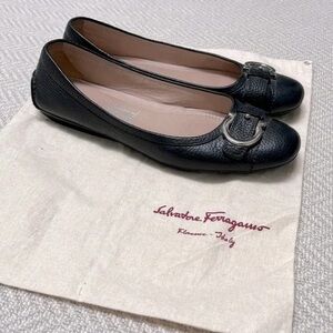 FERRAGAMO Ballet Flat Driving Loafer - Black Leather with Silver Gancini Buckle